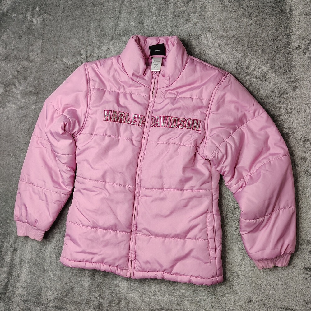 Harley-Davidson Puffer Jacket Kids Size M Pink Rhinestone Logo Full Zip Quilted